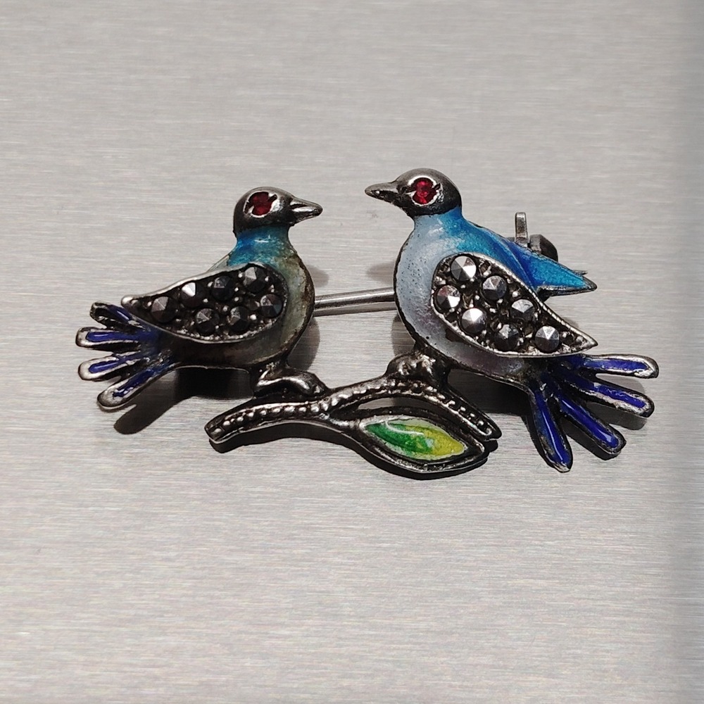 Alice Caviness Enamel Pin Marcasite Song Love Birds Colorful Sterling Silver Vtg